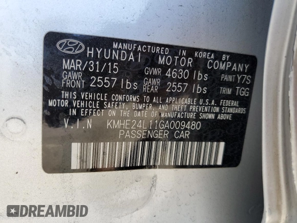 2016 Hyundai Sonata Hybrid SE with VIN KMHE24L11GA009480, listed as a Copart auction lot 54905615 with 71,245 mi miles and Salvage Title. Bid and sale history available at carsss.com. Image 12.