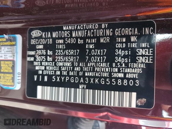 2019 Kia Sorento LX z VIN 5XYPGDA3XKG558803, wystawiony jako Copart lot #57885915 z przebiegiem 70 055 mil mil oraz Szkoda całkowita • Salvage title. Historia ofert i sprzedaży dostępna na DreamBid. Obrazek 12.