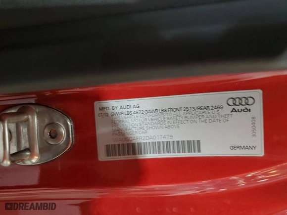 2013 Audi S5 Premium Plus with VIN WAUGGAFR2DA017479, listed as a Copart auction lot 54234015 with 137,237 mi miles and Salvage Title. Bid and sale history available at carsss.com. Image 12.