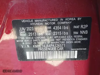 2023 Hyundai Sonata SEL with VIN KMHL14JA4PA326571, listed as a IAAI auction lot 41476619 with 53,881 mi miles. Bid and sale history available at carsss.com. Image 9.