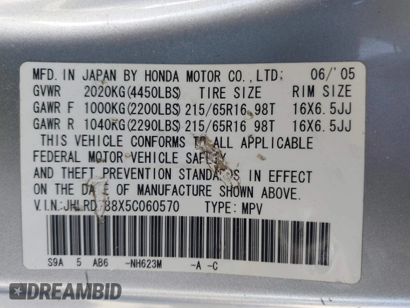 2005 Honda CR-V EX with VIN JHLRD788X5C060570, listed as a IAAI auction lot 41929247 with 226,778 mi miles and . Bid and sale history available at DreamBid. Image 9.