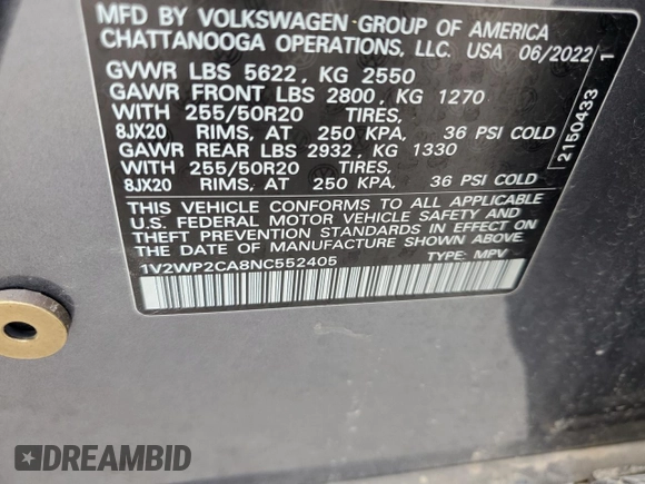 2022 Volkswagen Atlas SE with VIN 1V2WP2CA8NC552405, listed as a Copart auction lot 64034224 with 26,759 mi miles and Clean title. Bid and sale history available at DreamBid. Image 15.