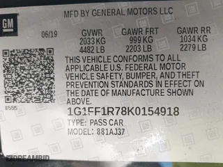 2019 Chevrolet Camaro 1SS with VIN 1G1FF1R78K0154918, listed as a IAAI auction lot 41829877 with 65,810 mi miles. Bid and sale history available at carsss.com. Image 9.