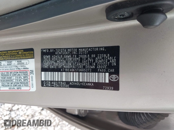 2007 Toyota Camry CE with VIN 4T1BE46K17U665272, listed as a IAAI auction lot 42209083 with 172,095 mi miles and . Bid and sale history available at DreamBid. Image 9.