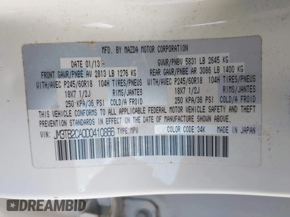 2013 Mazda CX-9 Touring with VIN JM3TB2CA0D0410866, listed as a IAAI auction lot 42712773 with 190,041 mi miles and . Bid and sale history available at DreamBid. Image 9.