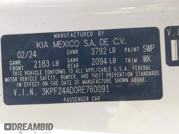 2024 Kia Forte LXS with VIN 3KPF24AD0RE760091, listed as a IAAI auction lot 41725203 with Not Provided miles and . Bid and sale history available at DreamBid. Image 9.