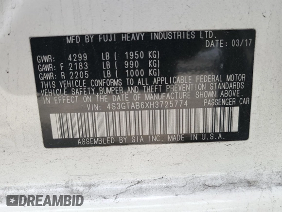 2017 Subaru Impreza Premium with VIN 4S3GTAB6XH3725774, listed as a Copart auction lot 52583855 with 45,258 mi miles and Salvage title. Bid and sale history available at DreamBid. Image 14.