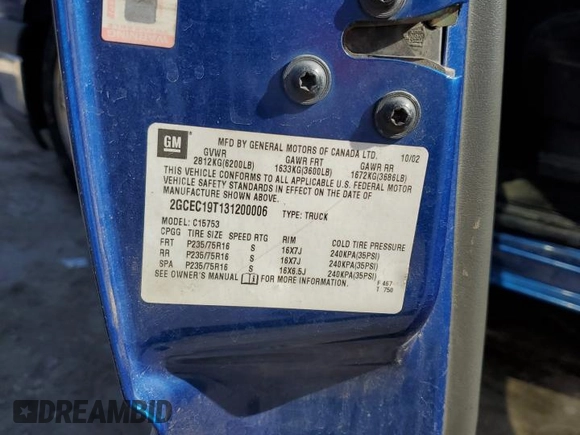 2003 Chevrolet Silverado 1500 with VIN 2GCEC19T131200006, listed as a Copart auction lot 50633925 with Not Provided miles and Salvage Title. Bid and sale history available at DreamBid. Image 13.