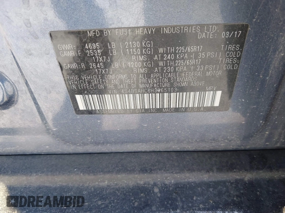 2017 Subaru Outback Premium with VIN 4S4BSAHC6H3365103, listed as a IAAI auction lot 41774689 with 69,347 mi miles and . Bid and sale history available at DreamBid. Image 9.