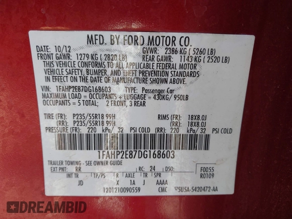 2013 Ford Taurus SEL with VIN 1FAHP2E87DG168603, listed as a IAAI auction lot 41942917 with 161,293 mi miles. Bid and sale history available at carsss.com. Image 8.