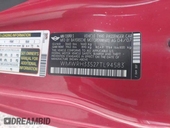 2007 MINI Convertible S с VIN WMWRH33527TL94583, выставлен на аукционе IAAI как лот 40403620 с пробегом 83 501 миль миль и . История ставок и продаж доступна на DreamBid. Изображение 9.