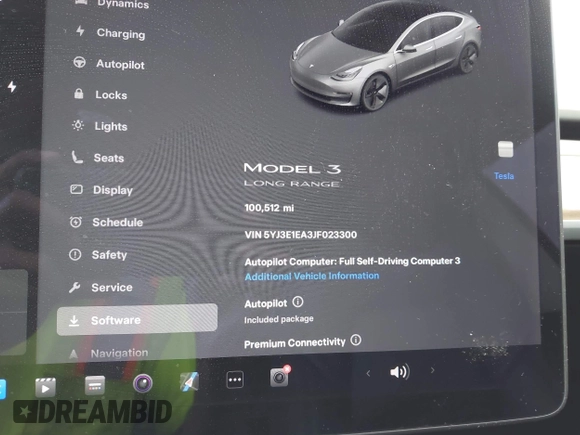 2018 Tesla Model 3 Long Range Battery with VIN 5YJ3E1EA3JF023300, listed as a IAAI auction lot 41925504 with 100,512 mi miles and . Bid and sale history available at DreamBid. Image 7.