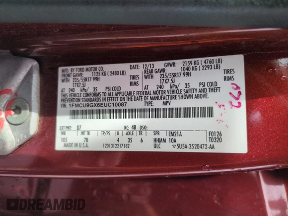2014 Ford Escape SE with VIN 1FMCU9GX6EUC10087, listed as a Copart auction lot 54405305 with 159,224 mi miles and Non repairable. Bid and sale history available at DreamBid. Image 14.