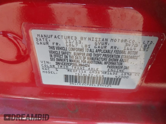 2014 Nissan Note SV with VIN 3N1CE2CP2EL394424, listed as a IAAI auction lot 41370421 with 102,988 mi miles and . Bid and sale history available at DreamBid. Image 9.