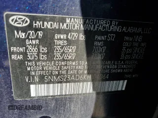 2019 Hyundai Santa Fe SE with VIN 5NMS23AD6KH104064, listed as a Copart auction lot 47028835 with 106,910 mi miles and Non Repairable. Bid and sale history available at DreamBid. Image 14.