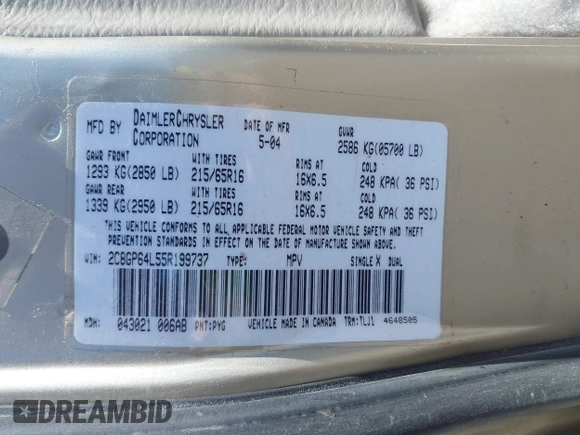 2005 Chrysler Town & Country Limited with VIN 2C8GP64L55R199737, listed as a IAAI auction lot 42196476 with 178,823 mi miles. Bid and sale history available at carsss.com. Image 9.