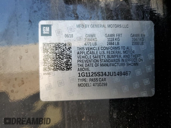 2018 Chevrolet Impala Premier с VIN 1G1125S34JU149467, выставлен на аукционе Copart как лот 60626565 с пробегом 113 973 миль миль и Чистый • Clean title. История ставок и продаж доступна на DreamBid. Изображение 12.