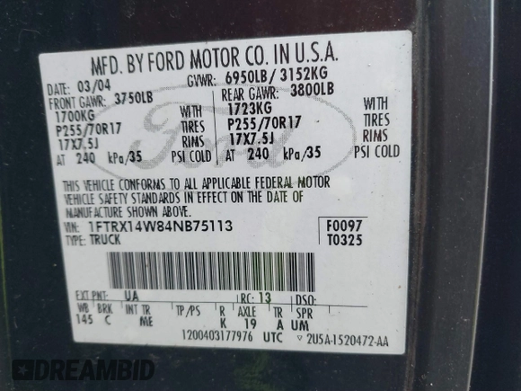 2004 Ford F-150 STX with VIN 1FTRX14W84NB75113, listed as a IAAI auction lot 41839952 with 75,001 mi miles and . Bid and sale history available at DreamBid. Image 9.