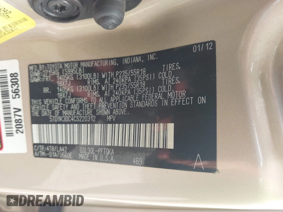 2012 Toyota Sienna XLE AAS with VIN 5TDYK3DC4CS220312, listed as a IAAI auction lot 42465081 with 92,548 mi miles and . Bid and sale history available at DreamBid. Image 9.