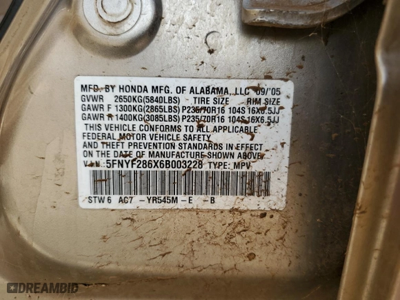 2006 Honda Pilot EX-L with RES with VIN 5FNYF286X6B003228, listed as a Copart auction lot 46131665 with 0 mi miles and Salvage Title. Bid and sale history available at carsss.com. Image 13.