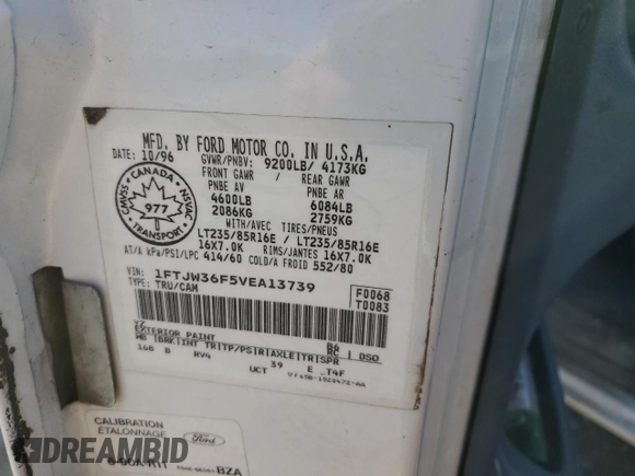 1997 Ford F-350 with VIN 1FTJW36F5VEA13739, listed as a Copart auction lot 56710615 with Not provided miles and Salvage title. Bid and sale history available at DreamBid. Image 12.