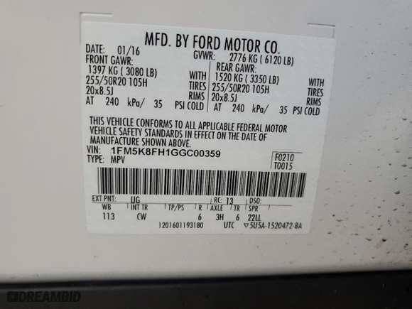 2016 Ford Explorer Limited with VIN 1FM5K8FH1GGC00359, listed as a Copart auction lot 43695975 with 133,623 mi miles and Salvage Title. Bid and sale history available at carsss.com. Image 14.
