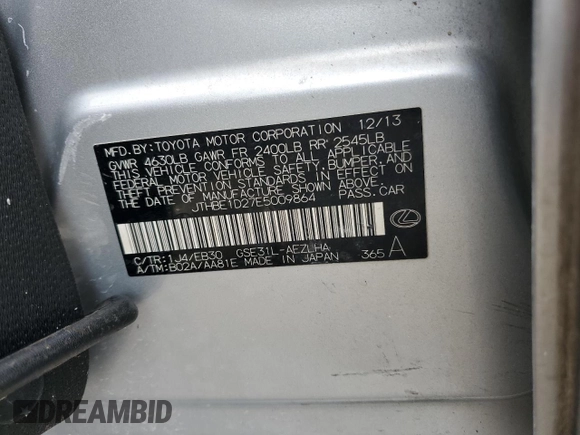 2014 Lexus IS 350 with VIN JTHBE1D27E5009864, listed as a Copart auction lot 86195424 with Not provided miles and Salvage title. Bid and sale history available at DreamBid. Image 12.