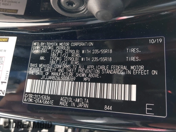 2020 Lexus NX 300 F Sport with VIN JTJJARBZ6L5008769, listed as a IAAI auction lot 41322079 with 72,179 mi miles and . Bid and sale history available at DreamBid. Image 9.
