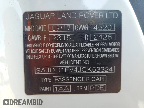 2018 Jaguar F-Type with VIN SAJDD1EV4JCK53324, listed as a Copart auction lot 46071114 with 53,199 mi miles and . Bid and sale history available at DreamBid. Image 12.