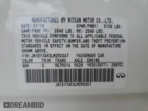 2020 Infiniti Q50 Luxe with VIN JN1EV7AR3LM250247, listed as a Copart auction lot 61791325 with 92,079 mi miles and Salvage title. Bid and sale history available at DreamBid. Image 12.