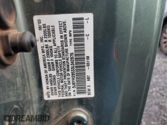 2003 Honda Element EX with VIN 5J6YH28533L042876, listed as a Copart auction lot 57470875 with 231,780 mi miles and Salvage title. Bid and sale history available at DreamBid. Image 13.