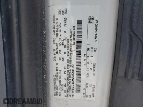 2018 Ford Transit Passenger XL with VIN 1FBVU4XM2JKA03650, listed as a Copart auction lot 46547195 with 108,821 mi miles and Salvage Title. Bid and sale history available at DreamBid. Image 13.