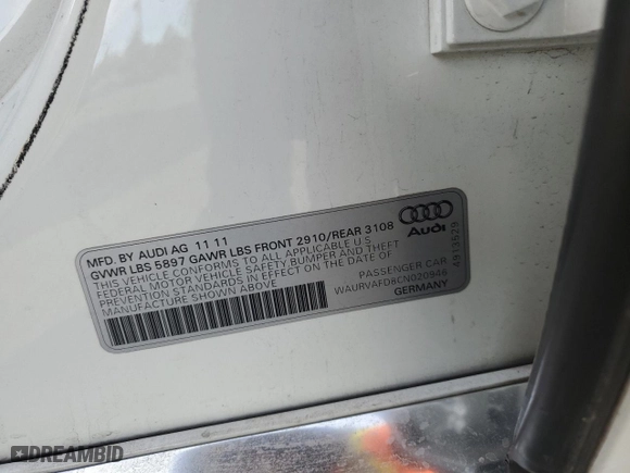 2012 Audi A8 L with VIN WAURVAFD8CN020946, listed as a Copart auction lot 87551175 with 117,540 mi miles and Salvage Title. Bid and sale history available at carsss.com. Image 12.
