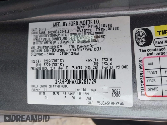 2012 Ford Fusion SE with VIN 3FAHP0HAXCR281729, listed as a IAAI auction lot 42147775 with 112,303 mi miles and . Bid and sale history available at carsss.com. Image 9.