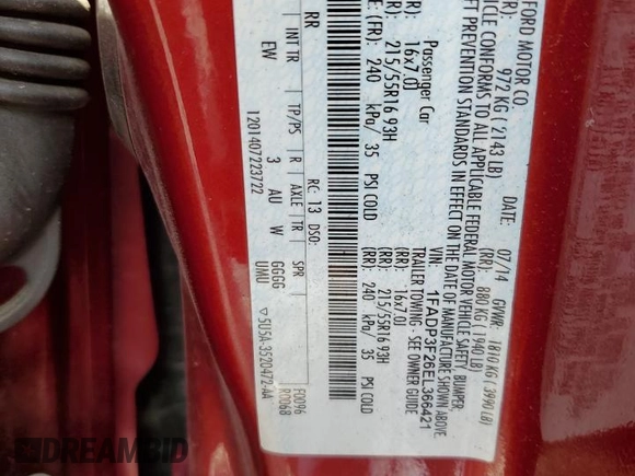 2014 Ford Focus SE with VIN 1FADP3F26EL366421, listed as a Copart auction lot 54623355 with 123,359 mi miles and Salvage Title. Bid and sale history available at carsss.com. Image 12.