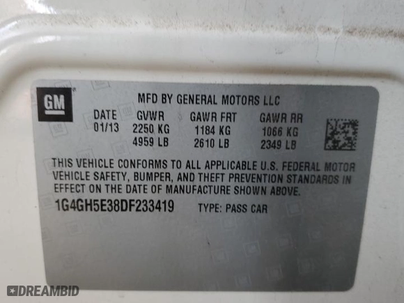 2013 Buick LaCrosse Premium 2 with VIN 1G4GH5E38DF233419, listed as a Copart auction lot 47666185 with 60,022 mi miles and Salvage Title. Bid and sale history available at carsss.com. Image 12.