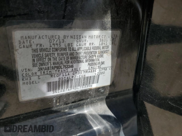 2013 Nissan Sentra SV with VIN 3N1AB7AP9DL753346, listed as a Copart auction lot 52653395 with 198,824 mi miles and Salvage Title. Bid and sale history available at carsss.com. Image 13.