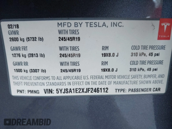 2018 Tesla Model S 75D с VIN 5YJSA1E2XJF246112, выставлен на аукционе IAAI как лот 42124379 с пробегом Не указан миль и . История ставок и продаж доступна на DreamBid. Изображение 9.
