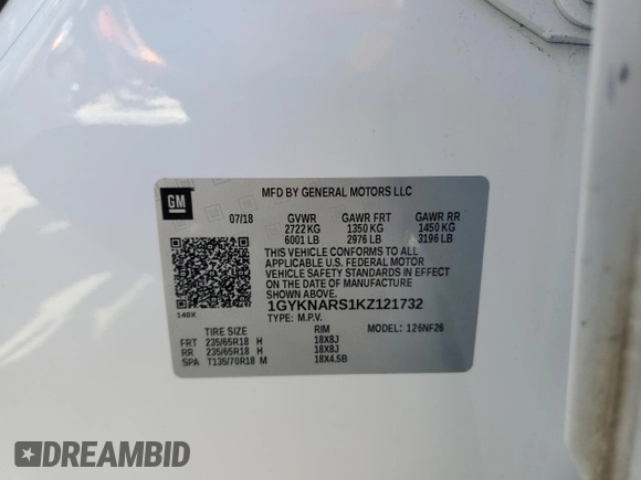 2019 Cadillac XT5 FWD with VIN 1GYKNARS1KZ121732, listed as a Copart auction lot 54882885 with 72,142 mi miles and Salvage title. Bid and sale history available at DreamBid. Image 13.