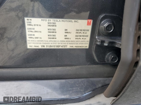 2016 Tesla Model S 70 with VIN 5YJSA1E10GF147377, listed as a Copart auction lot 86799084 with 93,805 mi miles and Salvage Title. Bid and sale history available at DreamBid. Image 15.