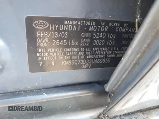 2003 Hyundai Santa Fe GLS with VIN KM8SC73D33U469955, listed as a IAAI auction lot 41989360 with 66,798 mi miles. Bid and sale history available at carsss.com. Image 9.
