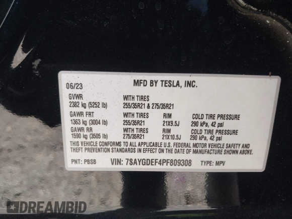 2023 Tesla Model Y Performance with VIN 7SAYGDEF4PF809308, listed as a IAAI auction lot 42056769 with 12,101 mi miles and . Bid and sale history available at DreamBid. Image 8.