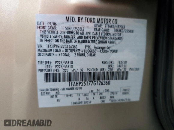 2007 Ford Five Hundred Limited with VIN 1FAHP25177G126360, listed as a Copart auction lot 55829575 with 135,883 mi miles and Salvage title. Bid and sale history available at DreamBid. Image 12.