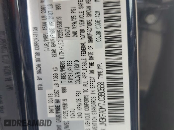 2018 Mazda CX-5 Grand Touring with VIN JM3KFADM7J0380568, listed as a Copart auction lot 48749015 with 53,401 mi miles and Salvage Title. Bid and sale history available at carsss.com. Image 15.