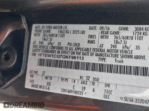 2016 Ford F-150 XL with VIN 1FTEW1CG7GKF96113, listed as a IAAI auction lot 42128062 with 92,670 mi miles and . Bid and sale history available at DreamBid. Image 9.
