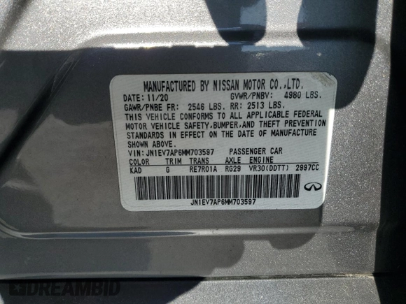 2021 Infiniti Q50 Pure with VIN JN1EV7AP6MM703597, listed as a Copart auction lot 46808815 with 53,490 mi miles and Salvage title. Bid and sale history available at DreamBid. Image 14.