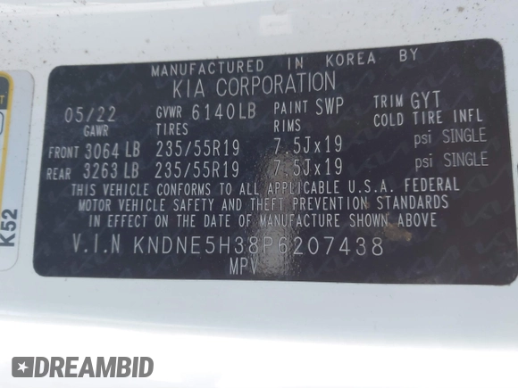2023 Kia Carnival SX with VIN KNDNE5H38P6207438, listed as a IAAI auction lot 41312749 with 55,403 mi miles. Bid and sale history available at carsss.com. Image 9.