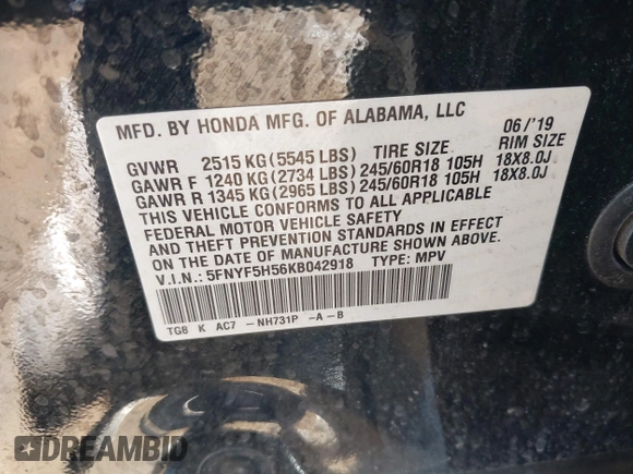 2019 Honda Pilot EX-L with VIN 5FNYF5H56KB042918, listed as a IAAI auction lot 42040516 with 113,433 mi miles and . Bid and sale history available at DreamBid. Image 9.