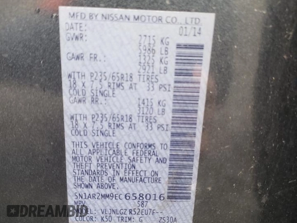 2014 Nissan Pathfinder Platinum with VIN 5N1AR2MM9EC658016, listed as a Copart auction lot 57813665 with 130,304 mi miles and Salvage title. Bid and sale history available at DreamBid. Image 13.