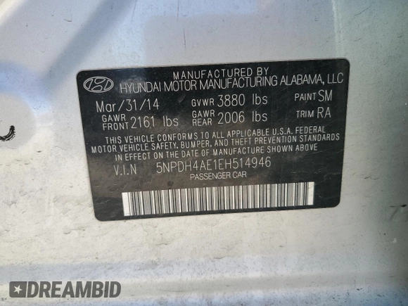 2014 Hyundai Elantra SE with VIN 5NPDH4AE1EH514946, listed as a Copart auction lot 54873735 with 248,874 mi miles and Clean Title. Bid and sale history available at DreamBid. Image 12.